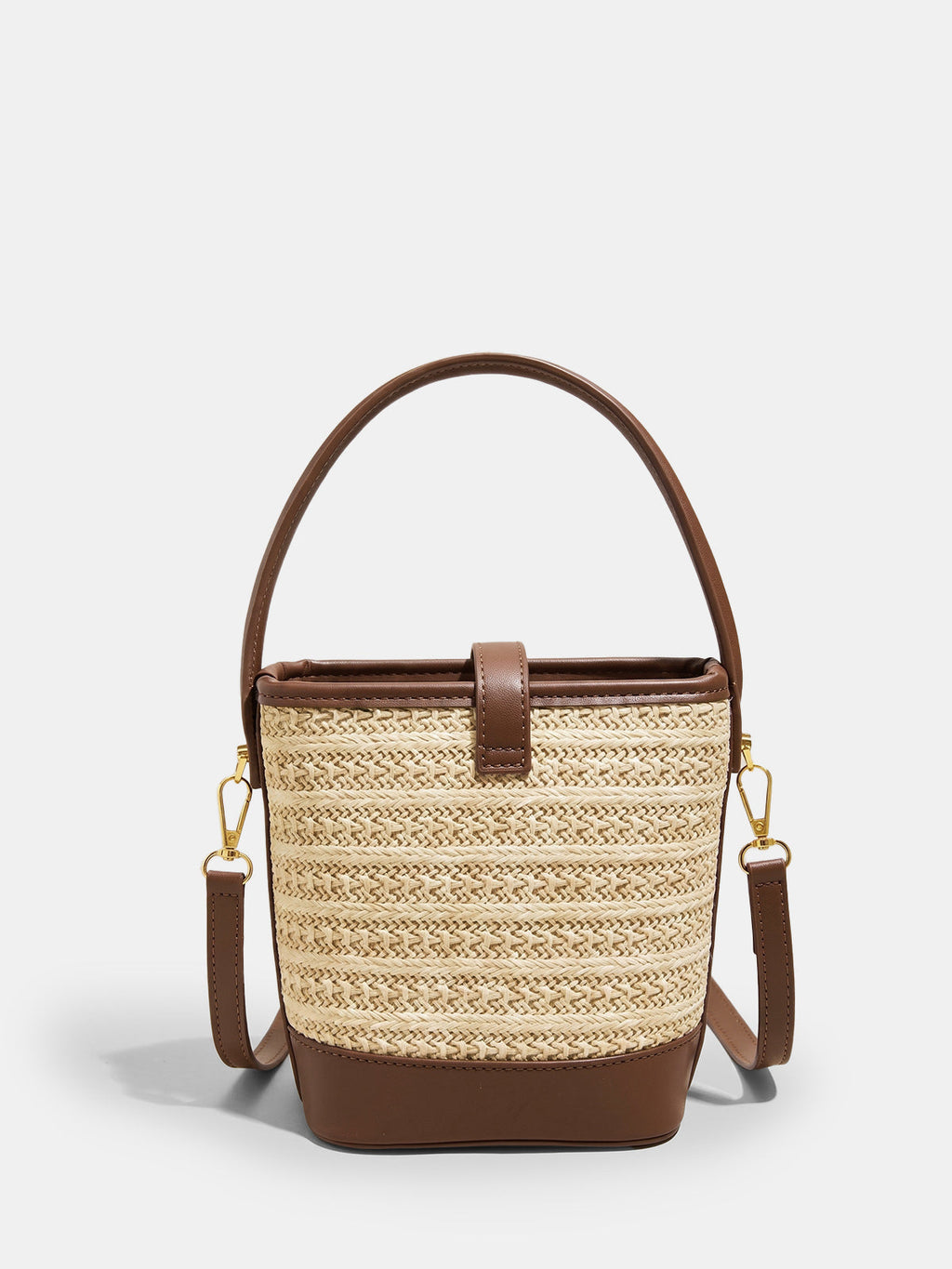 Khaki Woven Straw Bucket Bag with Crossbody Strap