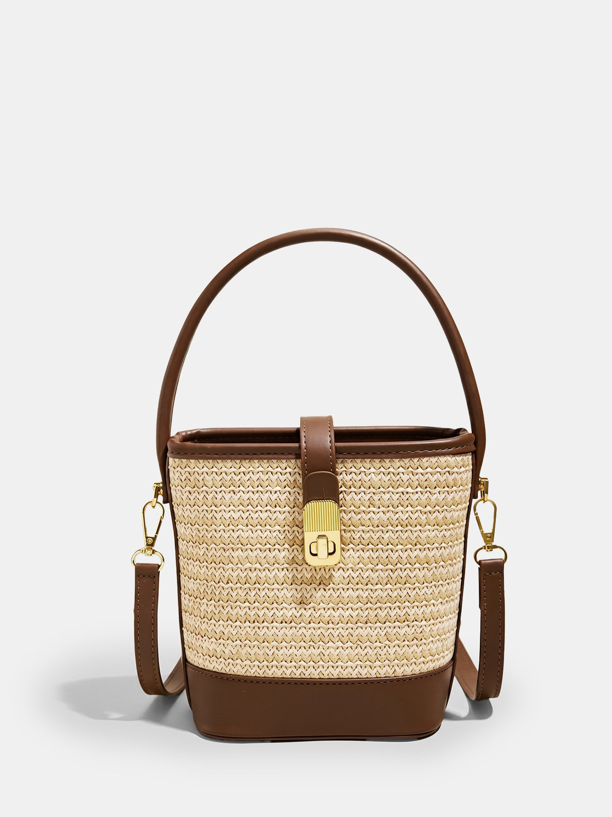 Khaki Woven Straw Bucket Bag with Crossbody Strap