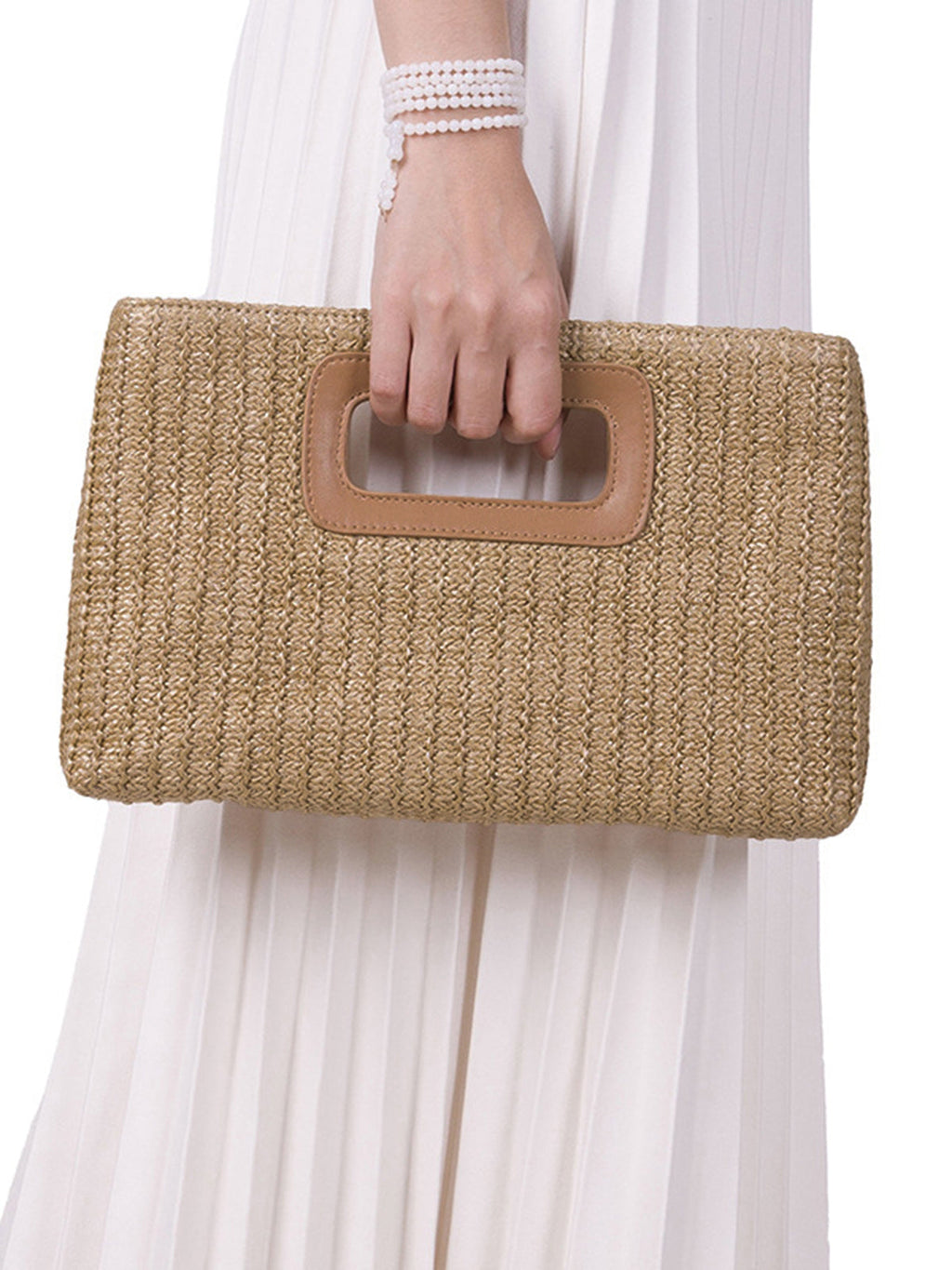 Khaki Woven Straw Clutch with Cut-Out Handle