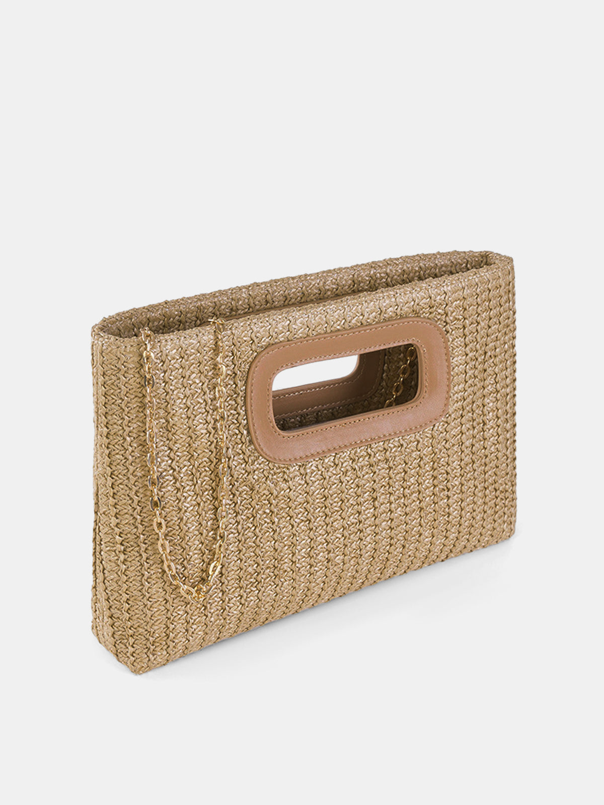 Khaki Woven Straw Clutch with Cut-Out Handle