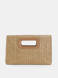 Khaki Woven Straw Clutch with Cut-Out Handle