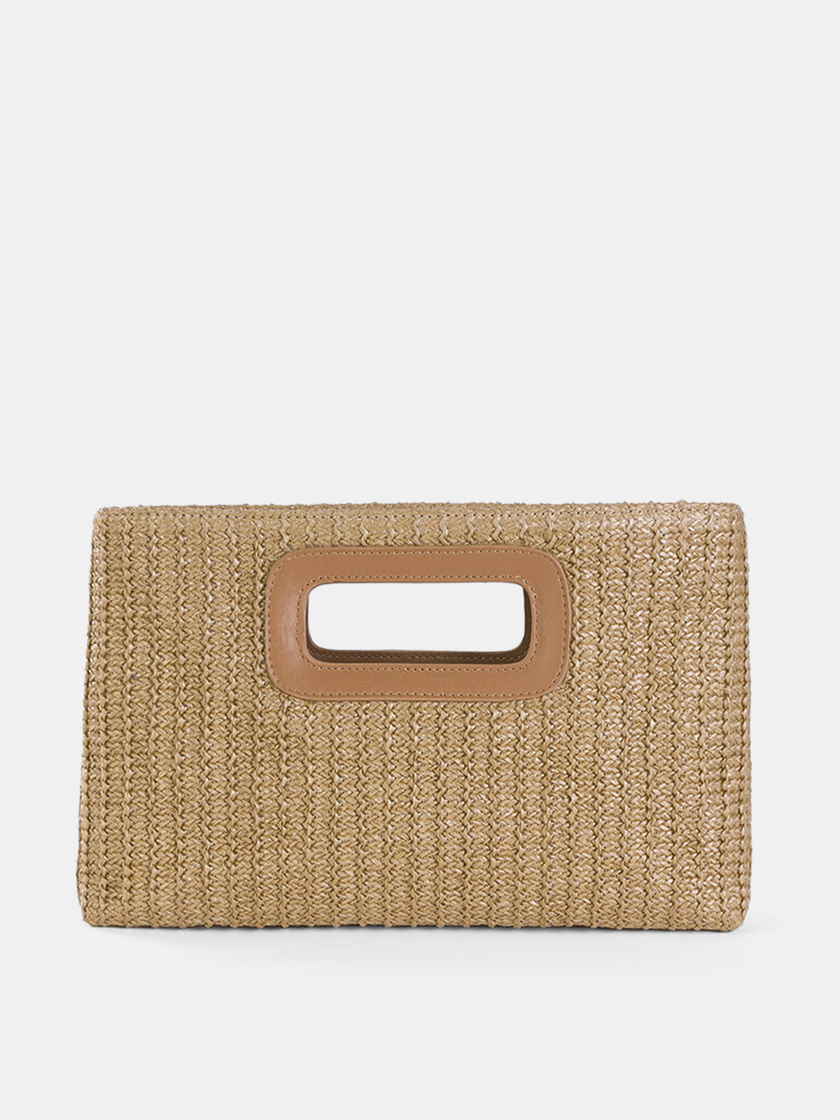 Khaki Woven Straw Clutch with Cut-Out Handle