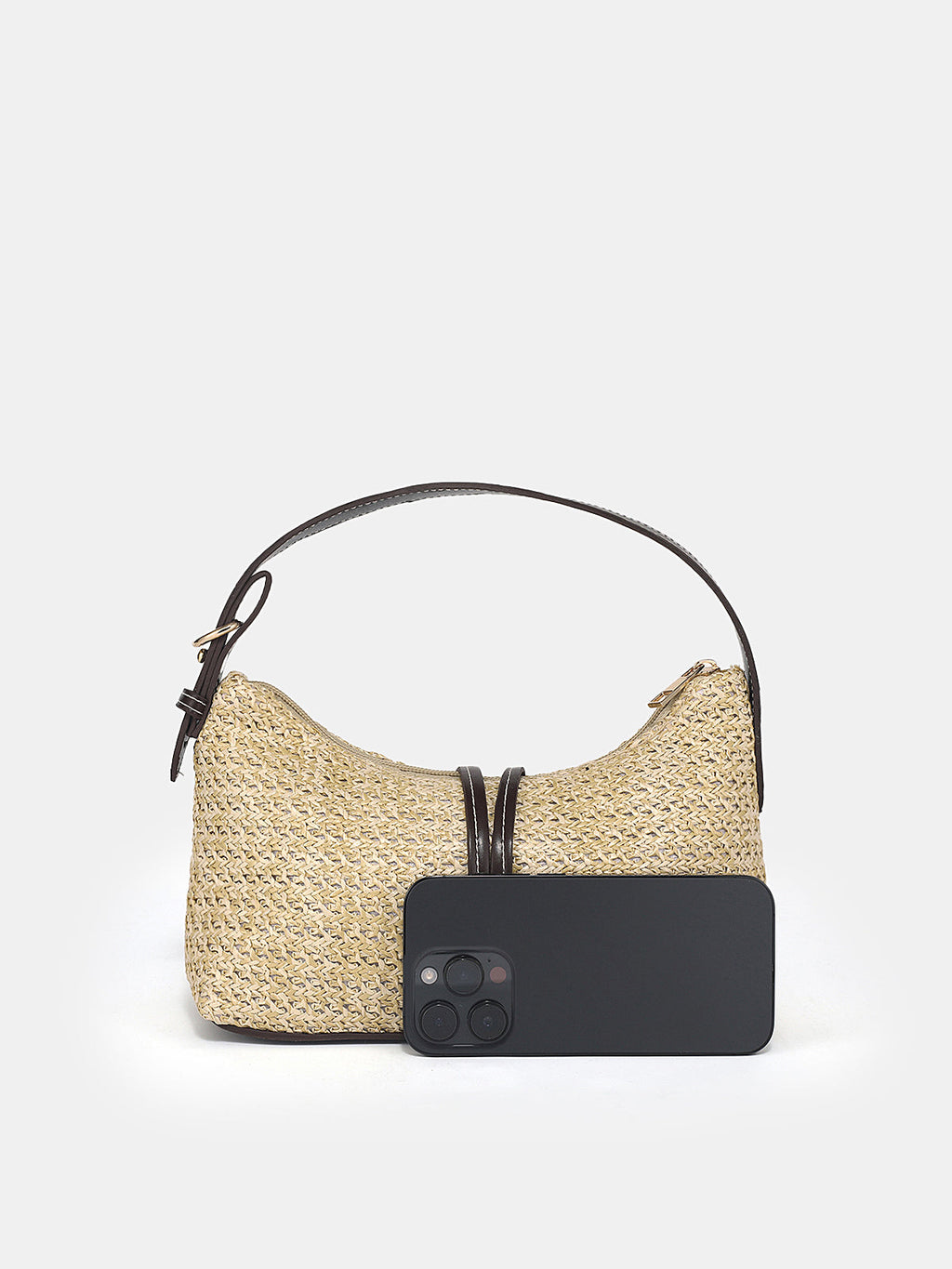 Khaki Woven Straw Hobo Bag