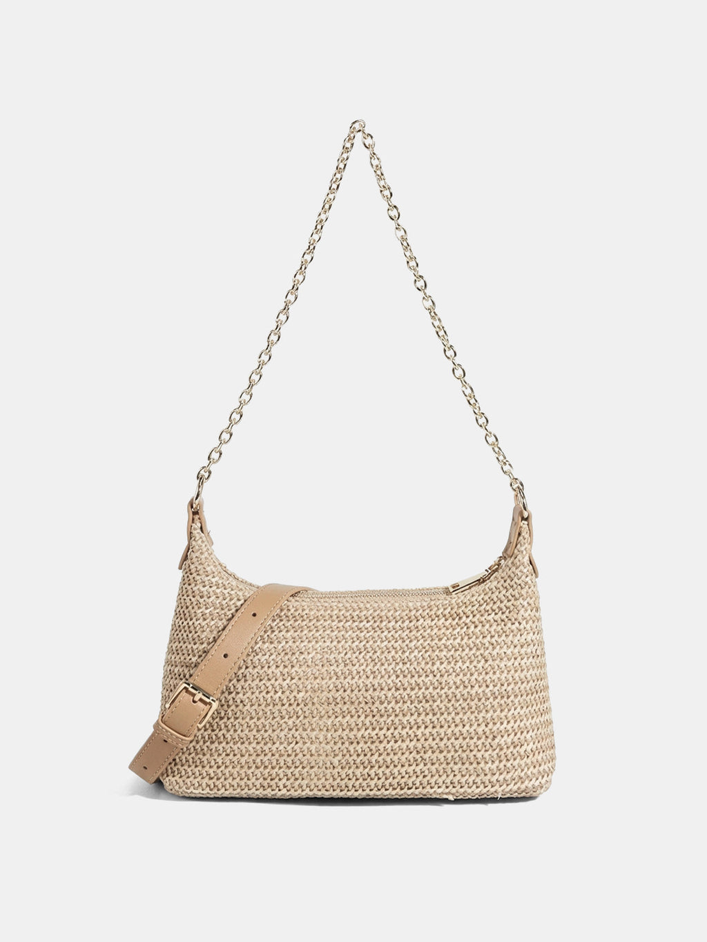 Khaki Woven Straw Shoulder Bag with Chain Strap
