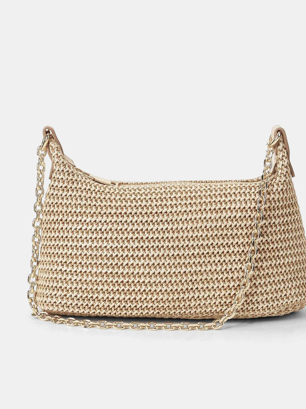 Khaki Woven Straw Shoulder Bag with Chain Strap