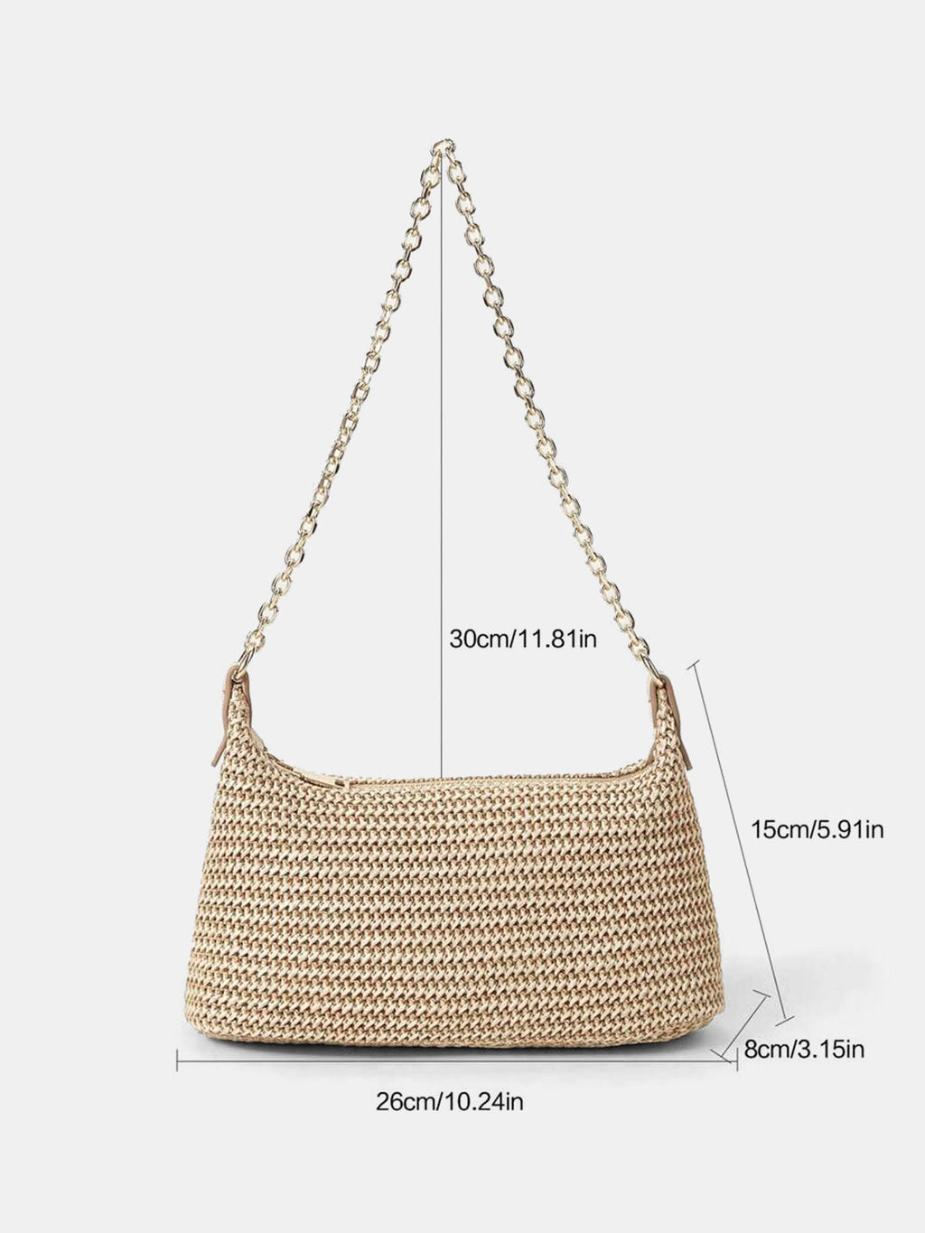 Khaki Woven Straw Shoulder Bag with Chain Strap