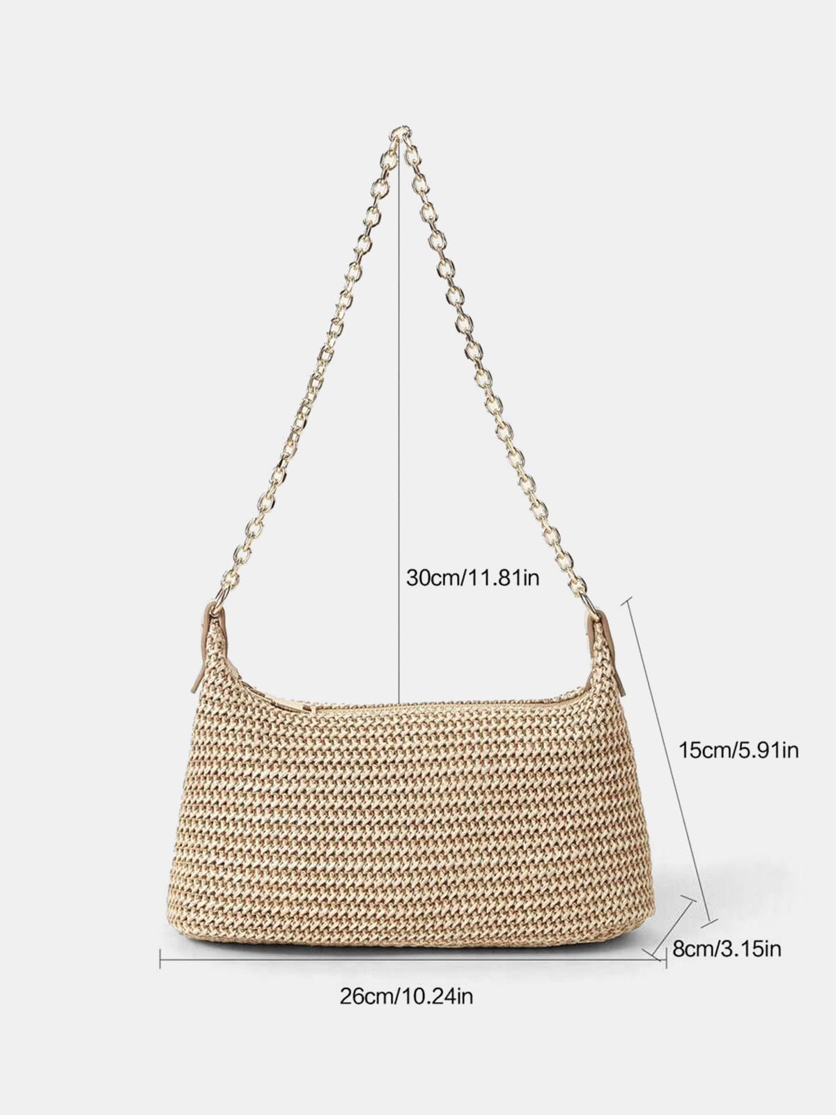 Khaki Woven Straw Shoulder Bag with Chain Strap