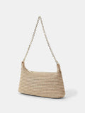Khaki Woven Straw Shoulder Bag with Chain Strap