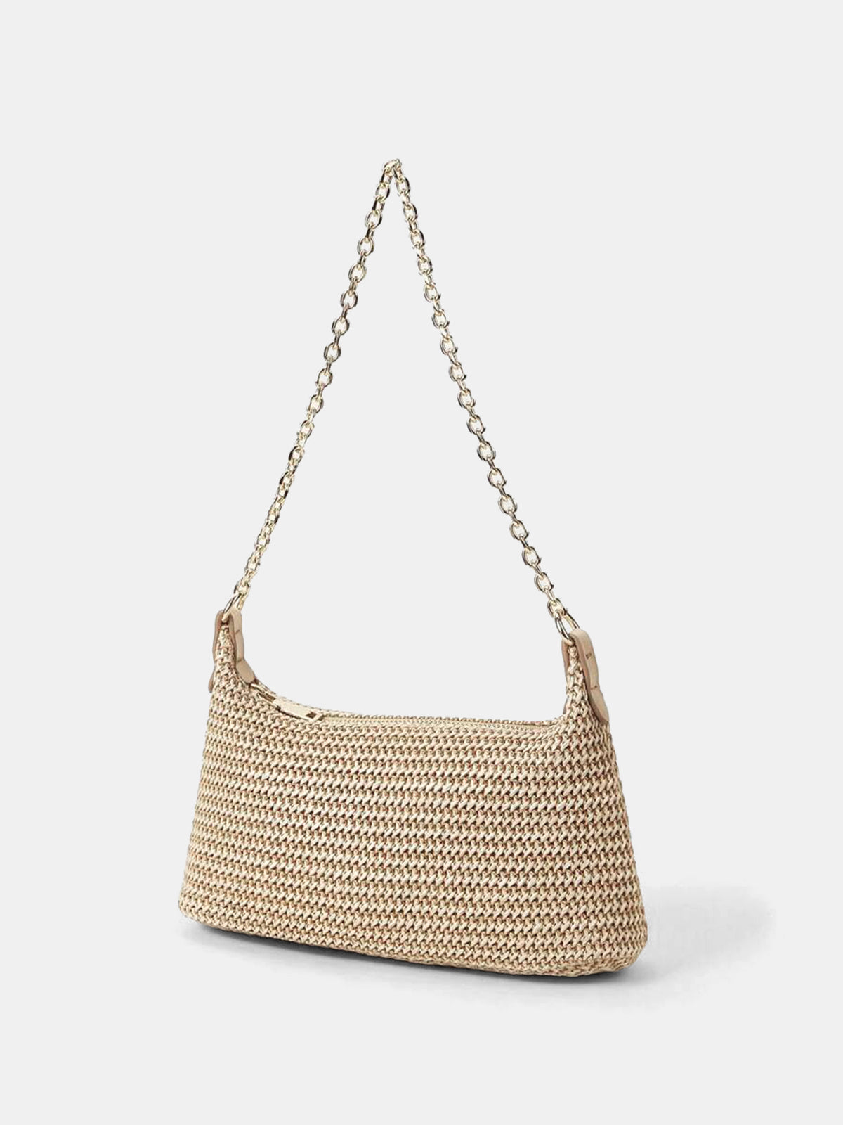 Khaki Woven Straw Shoulder Bag with Chain Strap