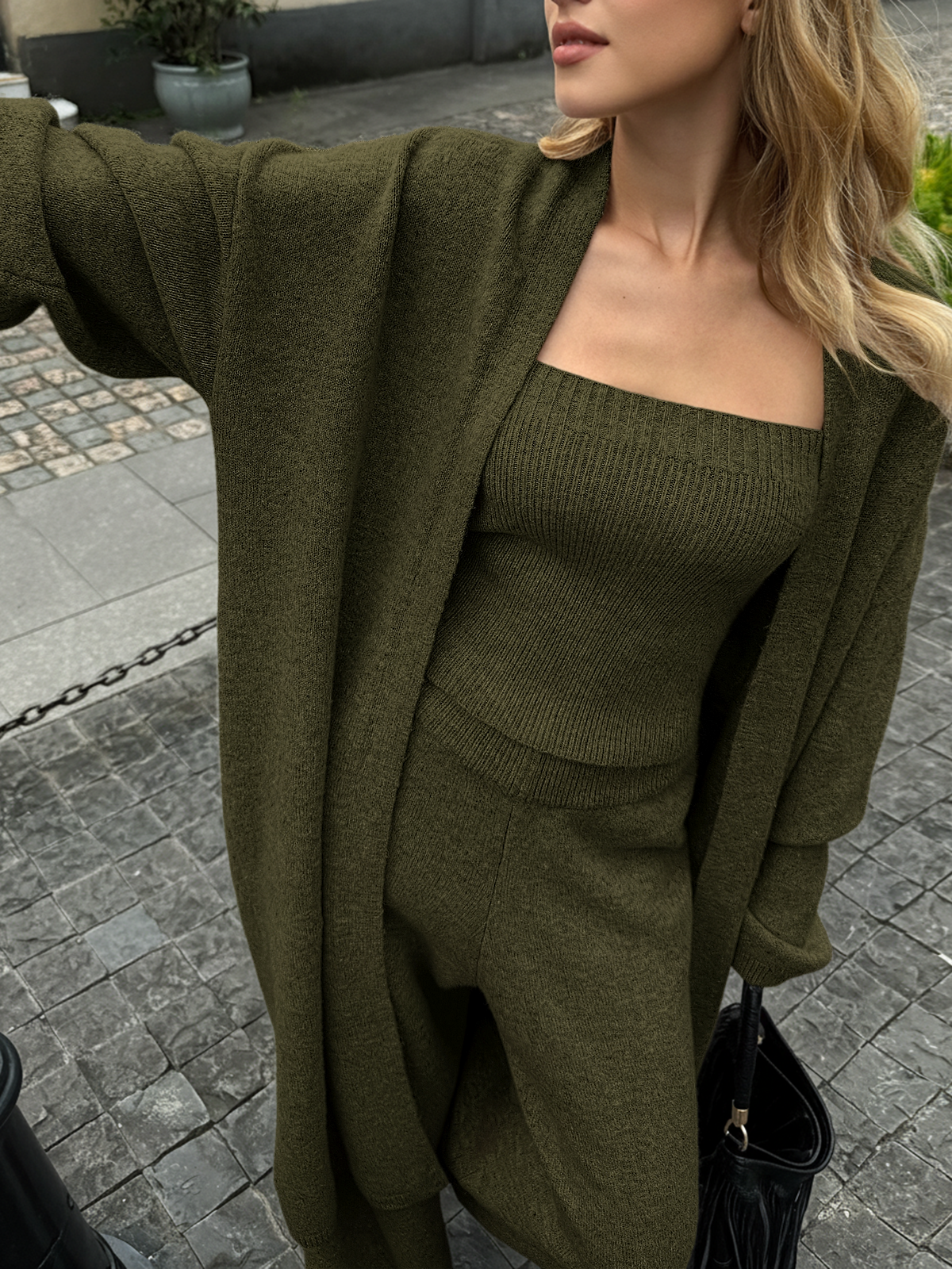 Knit Bustier, Cardigan and Wide Leg Pants Three Piece Set