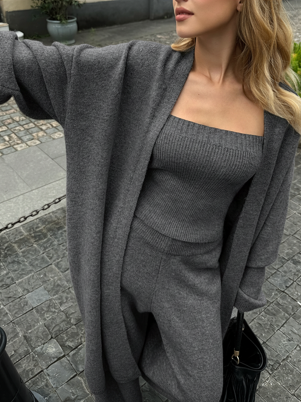 Knit Bustier, Cardigan and Wide Leg Pants Three Piece Set
