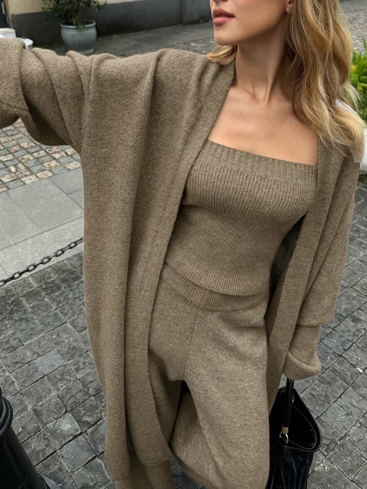 Knit Bustier, Cardigan and Wide Leg Pants Three Piece Set
