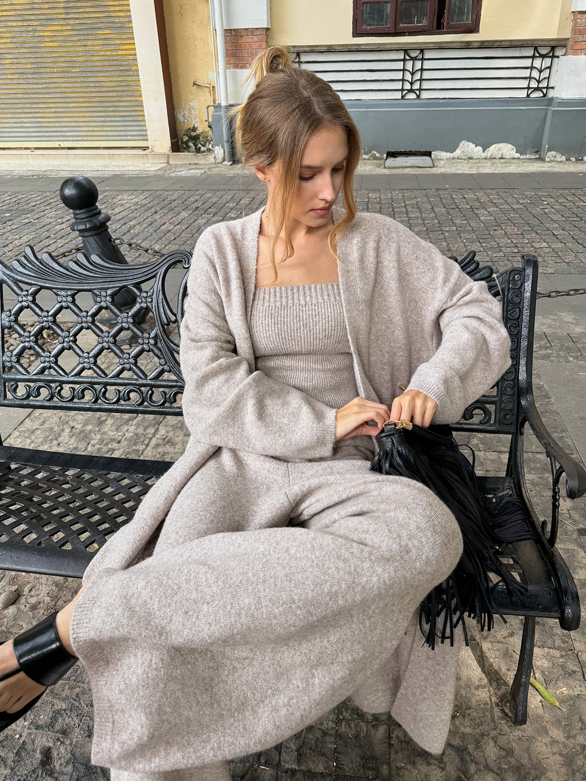 Knit Bustier, Cardigan and Wide Leg Pants Three Piece Set