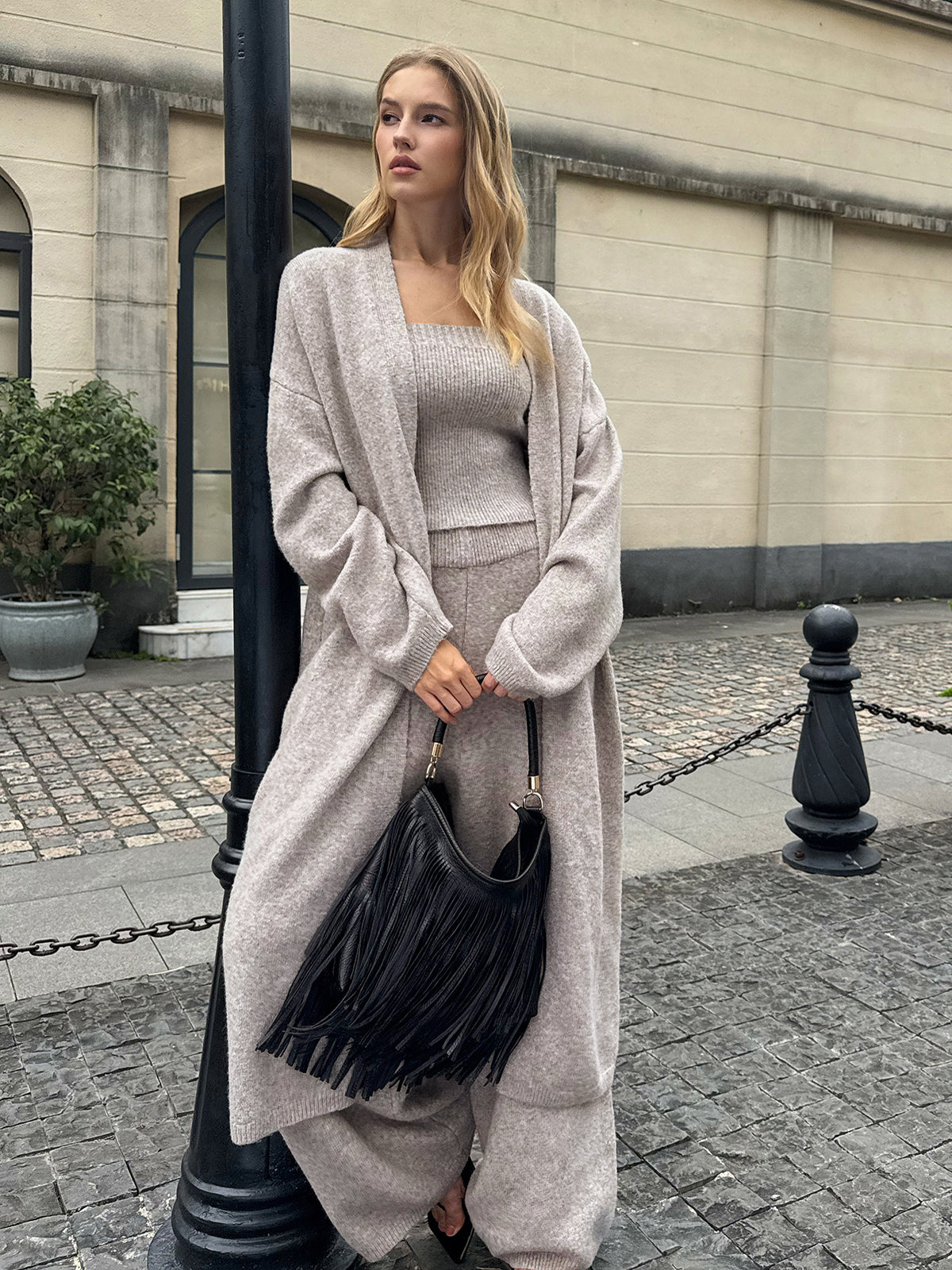 Knit Bustier, Cardigan and Wide Leg Pants Three Piece Set