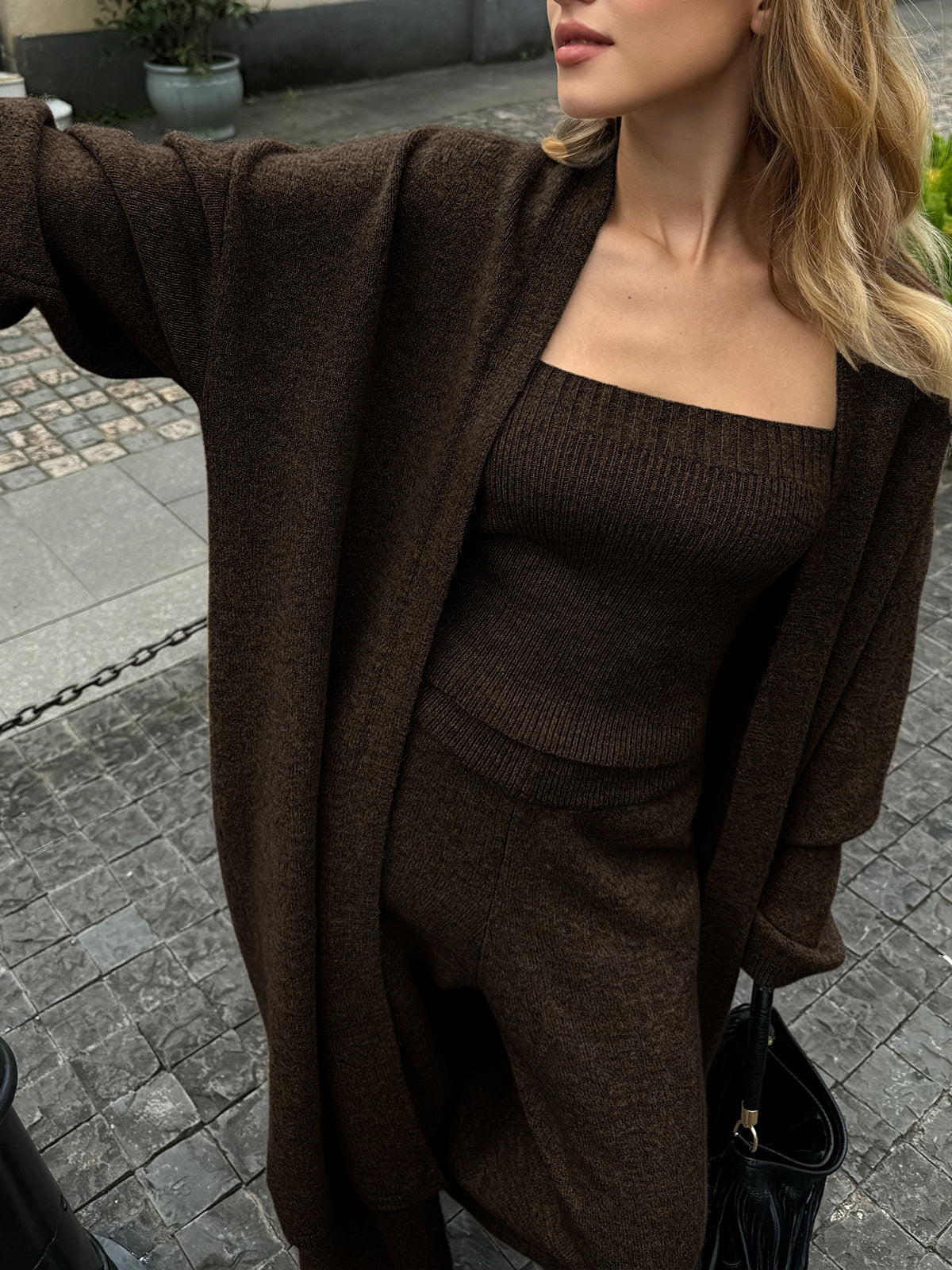 Knit Bustier, Cardigan and Wide Leg Pants Three Piece Set