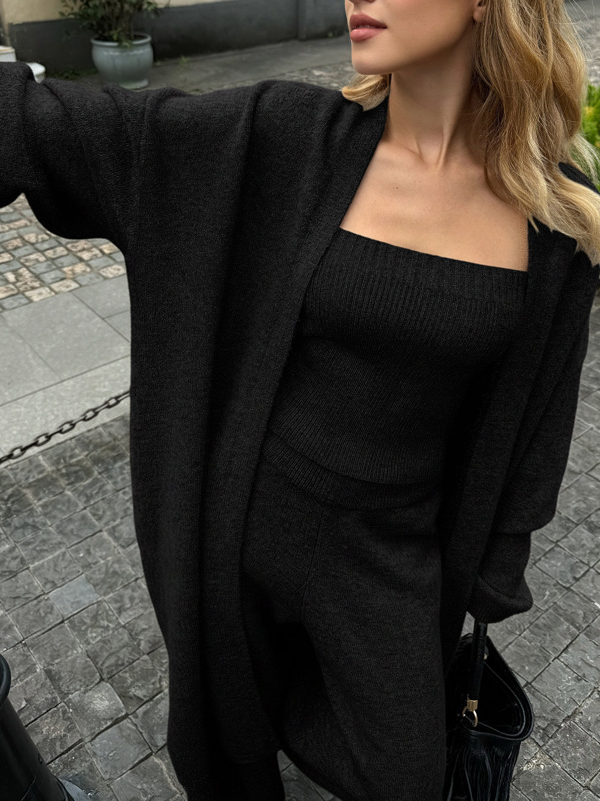Knit Bustier, Cardigan and Wide Leg Pants Three Piece Set