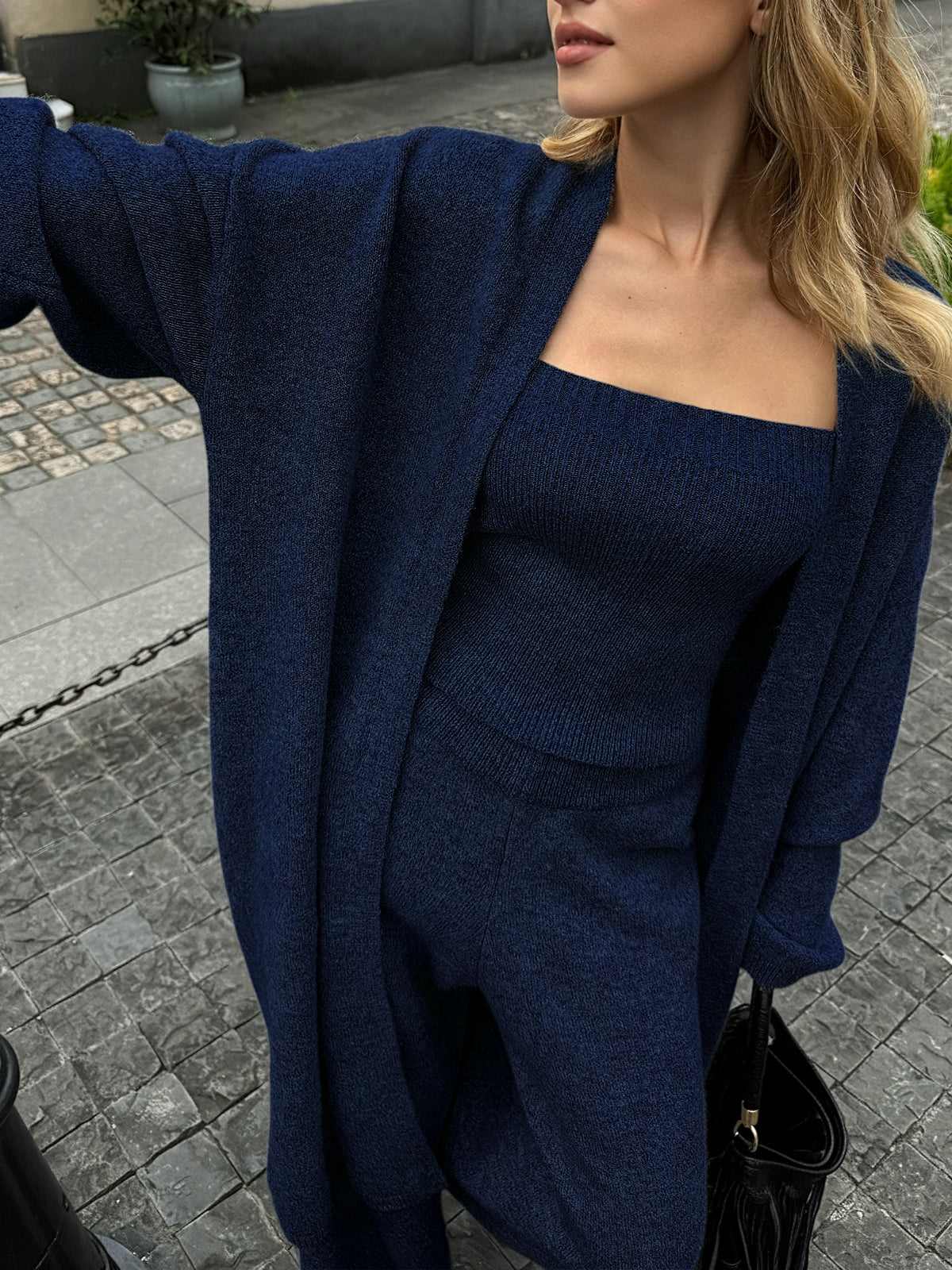 Knit Bustier, Cardigan and Wide Leg Pants Three Piece Set