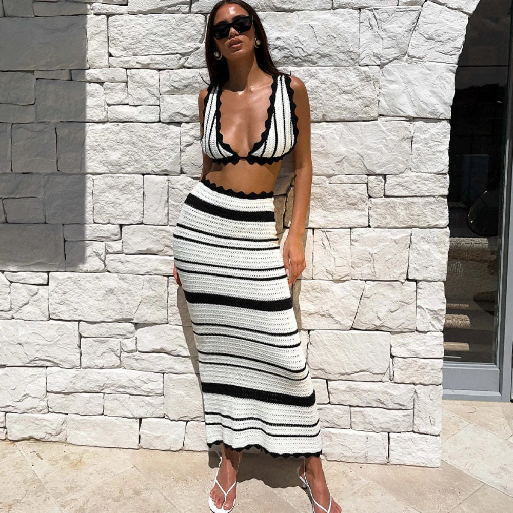 Knit V-Neck Bralette Top and Striped Maxi Skirt Set
