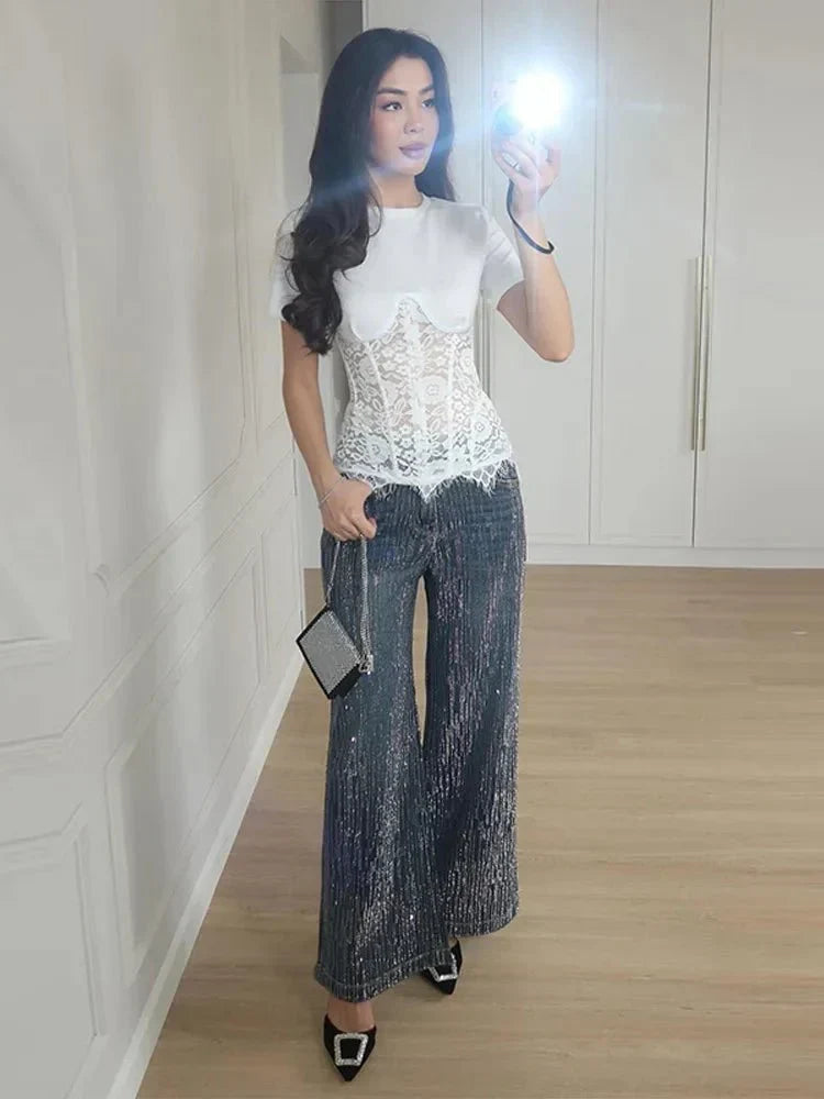 Lace Patchwork Crew Neck Corset Top