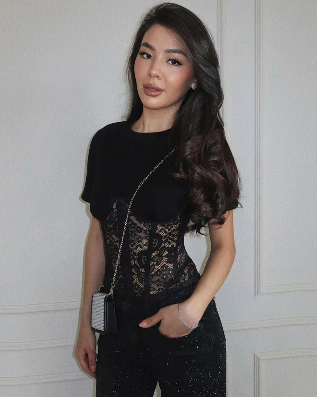 Lace Patchwork Crew Neck Corset Top