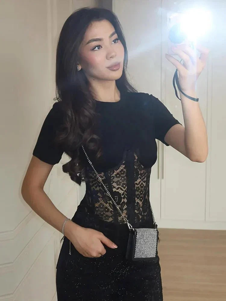 Lace Patchwork Crew Neck Corset Top
