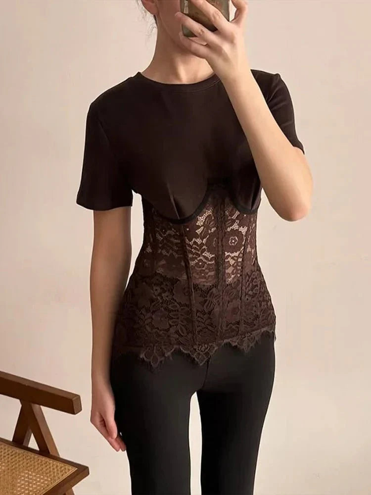 Lace Patchwork Crew Neck Corset Top