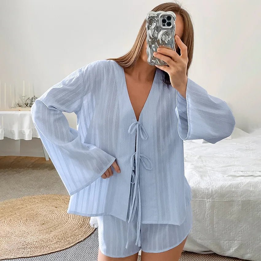 Light Blue Tie Front Knit Cardigan and Shorts Set
