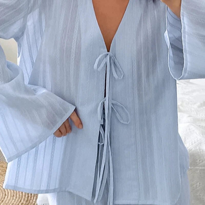 Light Blue Tie Front Knit Cardigan and Shorts Set