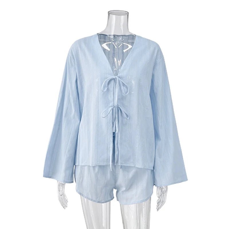 Light Blue Tie Front Knit Cardigan and Shorts Set