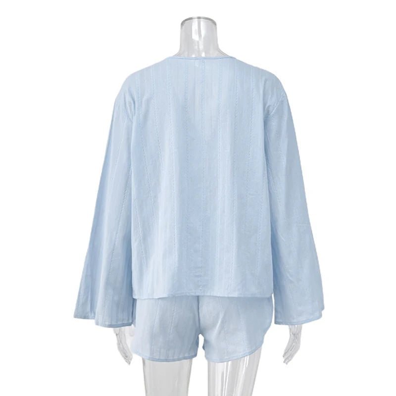 Light Blue Tie Front Knit Cardigan and Shorts Set