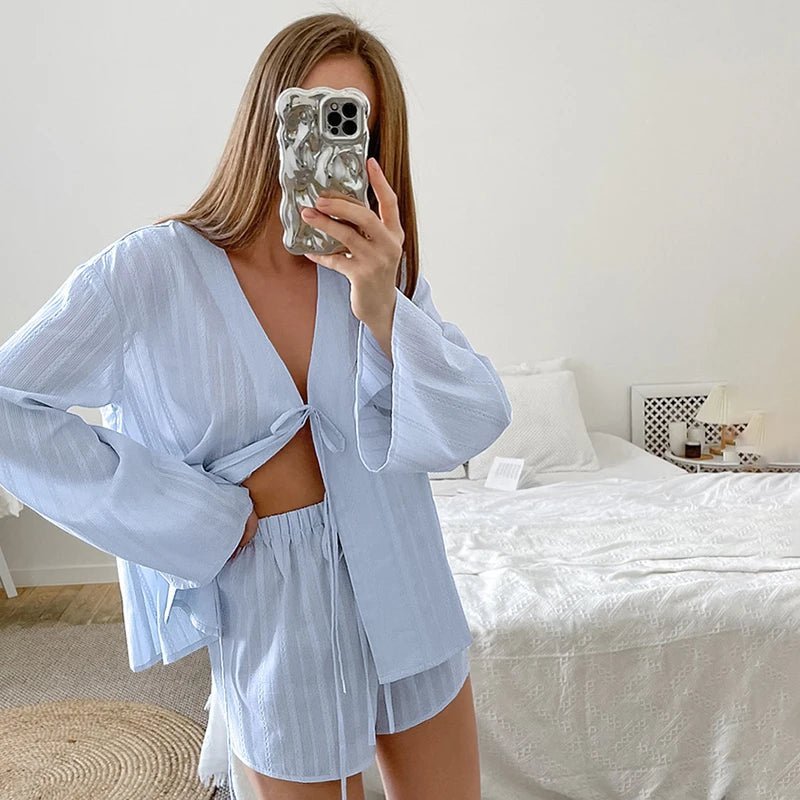 Light Blue Tie Front Knit Cardigan and Shorts Set