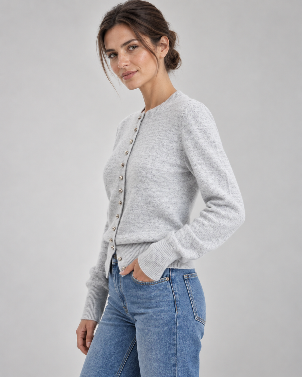 Light Gray Crew Neck Button Front Knit Cardigan