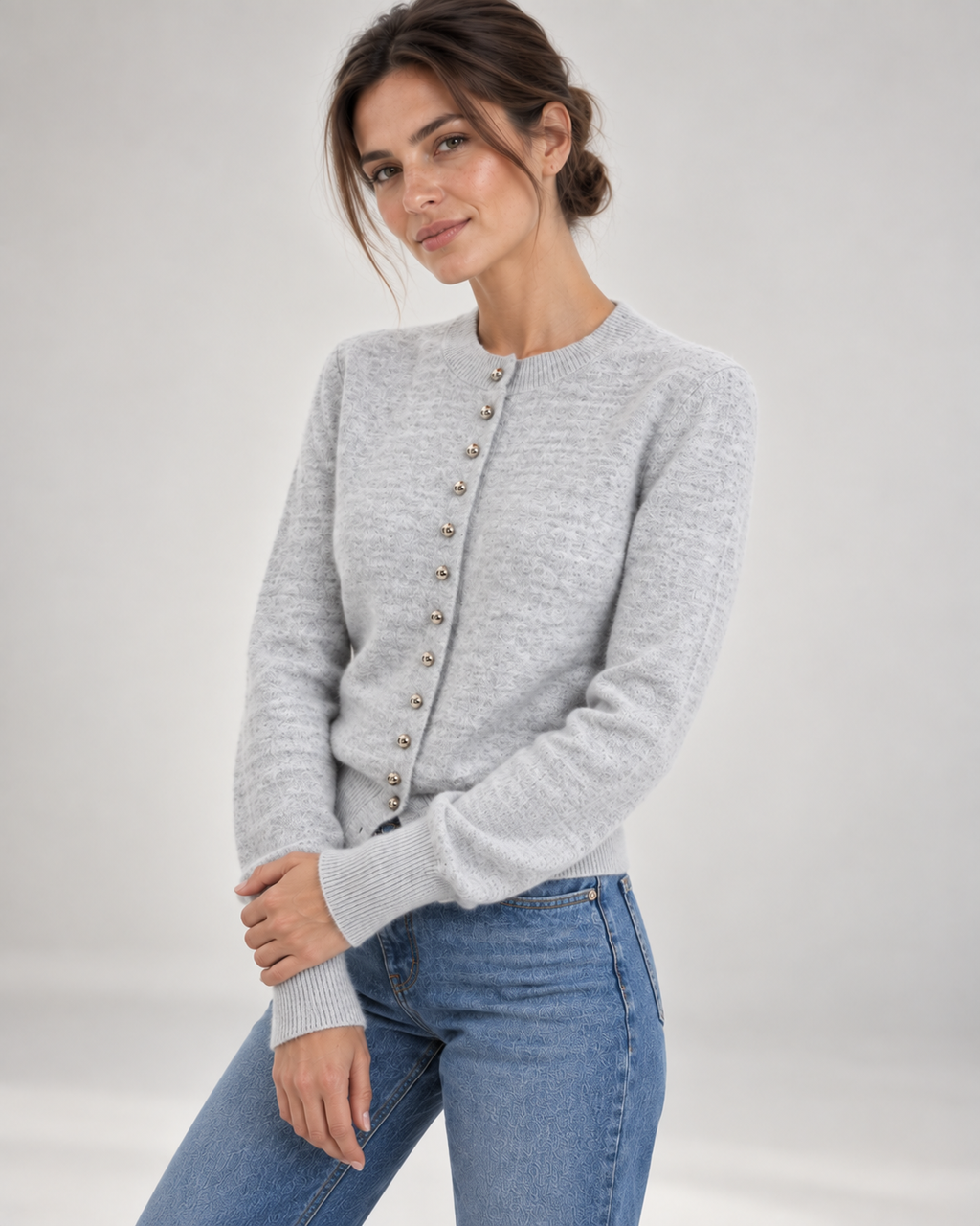 Light Gray Crew Neck Button Front Knit Cardigan