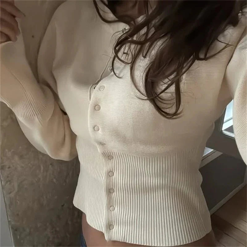 Lightweight Crew Neck Snap Button Knit Cardigan