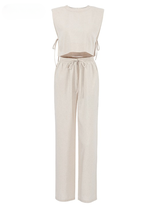 Linen Blend Sleeveless Top and Wide Leg Pants Set
