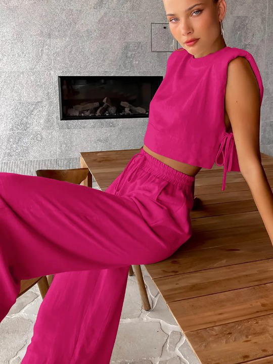 Linen Blend Sleeveless Top and Wide Leg Pants Set