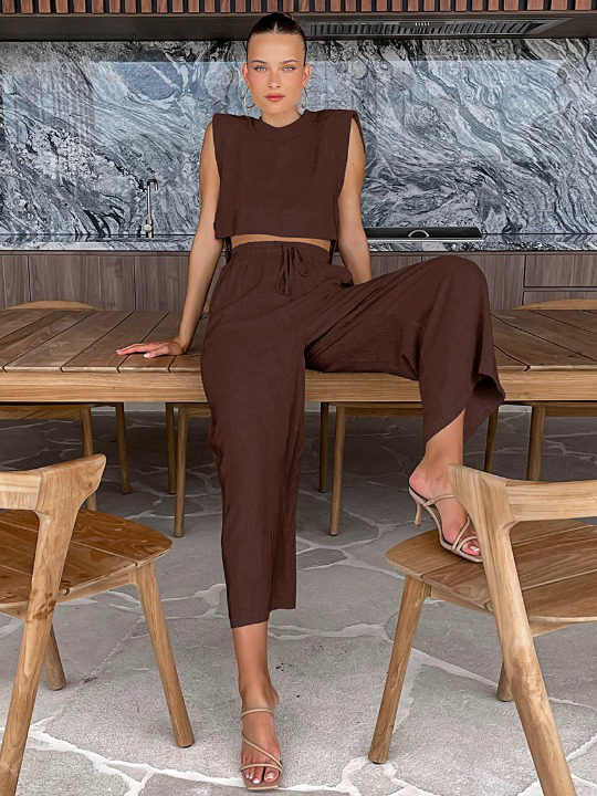 Linen Blend Sleeveless Top and Wide Leg Pants Set