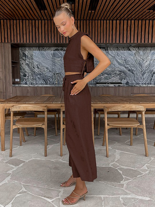 Linen Blend Sleeveless Top and Wide Leg Pants Set