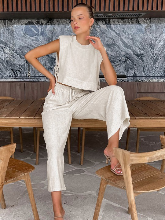 Linen Blend Sleeveless Top and Wide Leg Pants Set