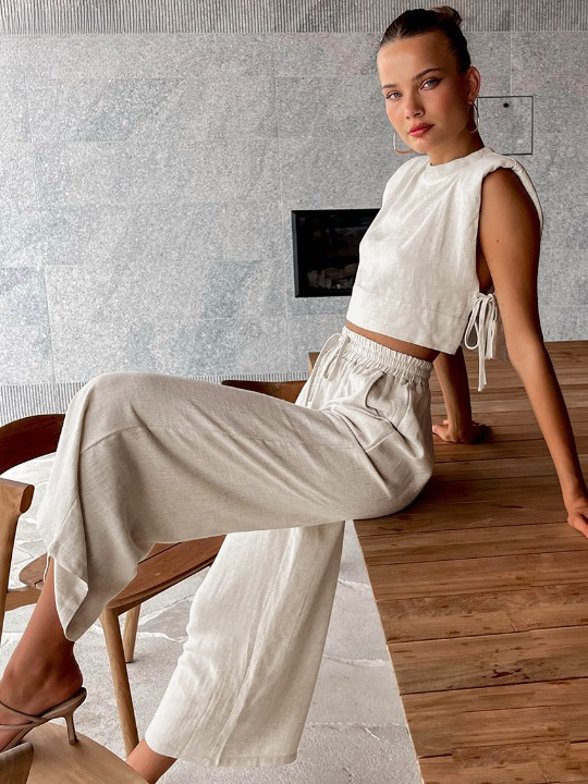 Linen Blend Sleeveless Top and Wide Leg Pants Set