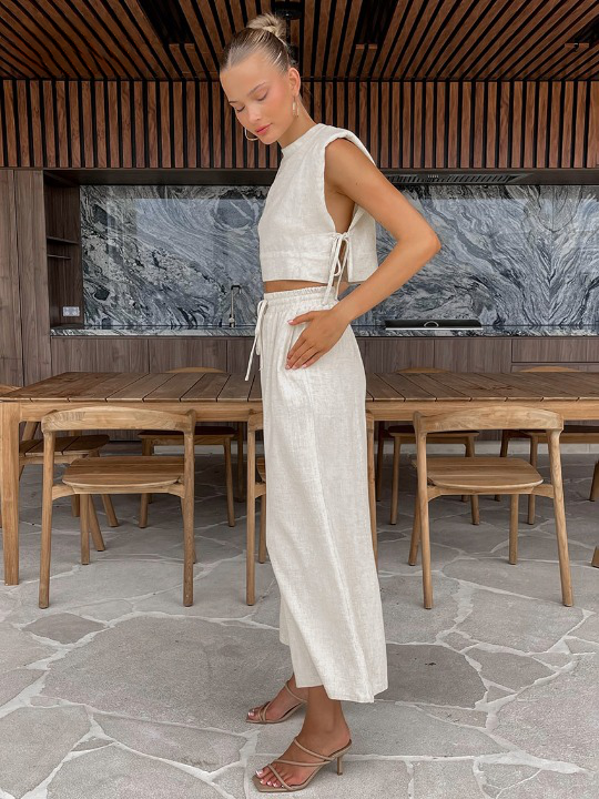 Linen Blend Sleeveless Top and Wide Leg Pants Set