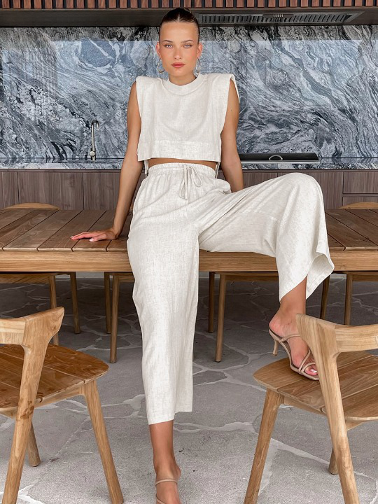 Linen Blend Sleeveless Top and Wide Leg Pants Set