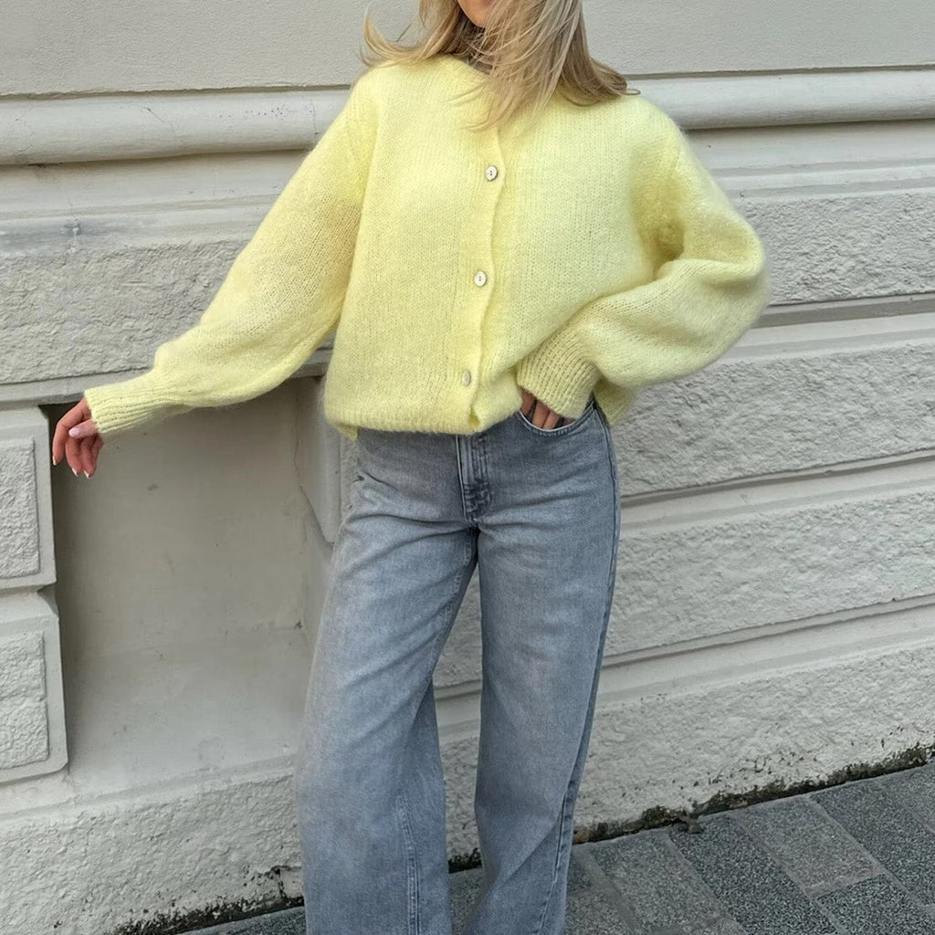 Long Open Front Crew Neck Knit Cardigan