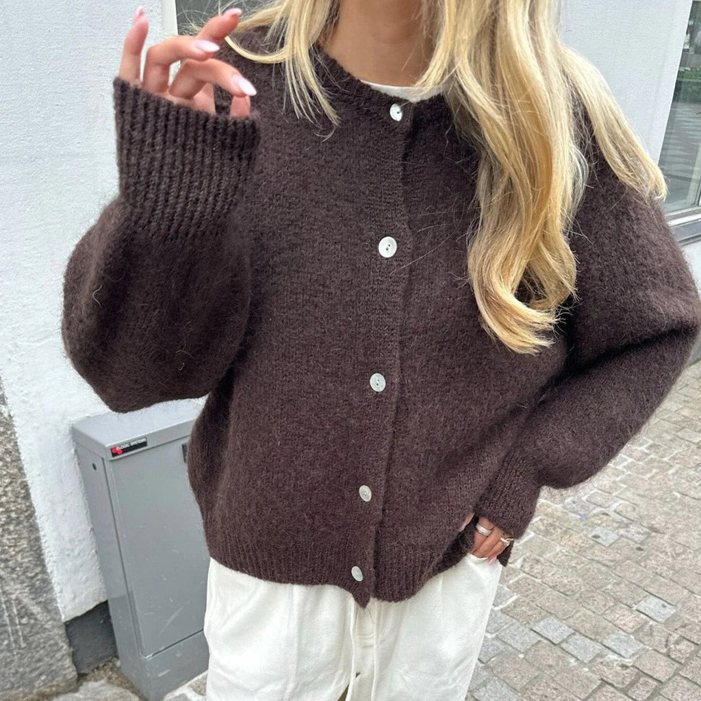 Long Open Front Crew Neck Knit Cardigan