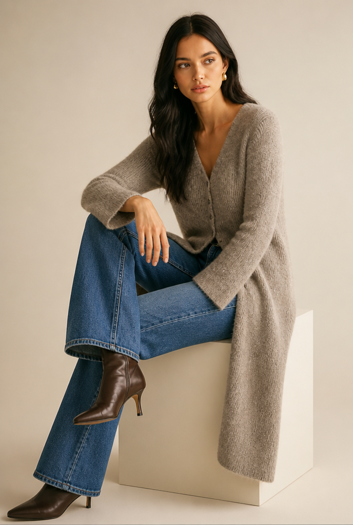 Long Ribbed Knit V-Neck Cardigan with Bell Sleeves