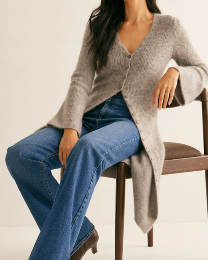Long Ribbed Knit V-Neck Cardigan with Bell Sleeves