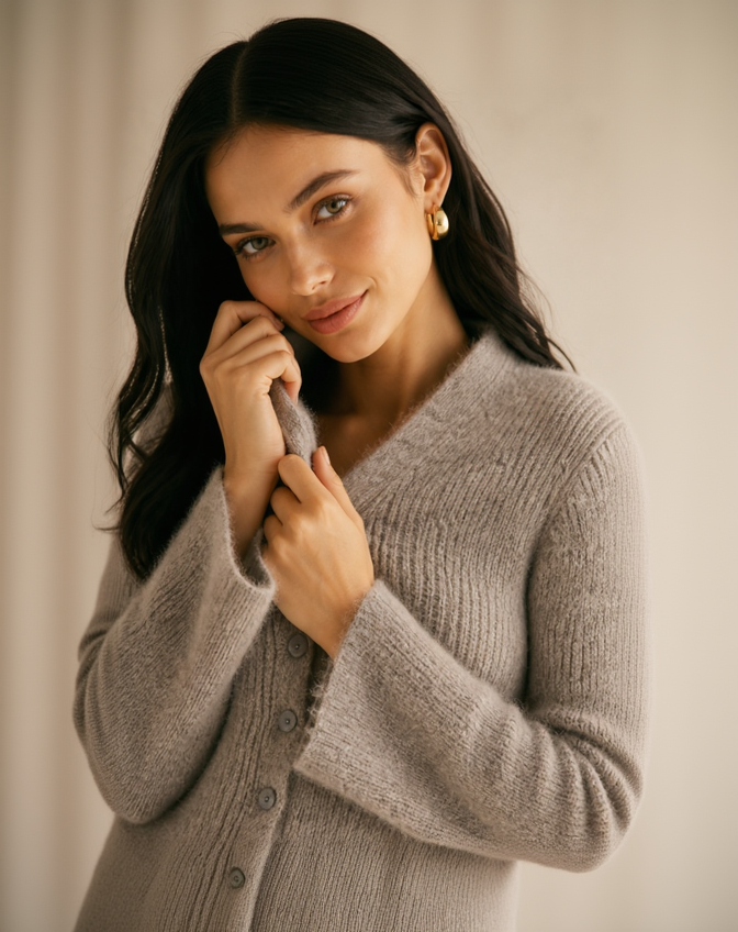 Long Ribbed Knit V-Neck Cardigan with Bell Sleeves