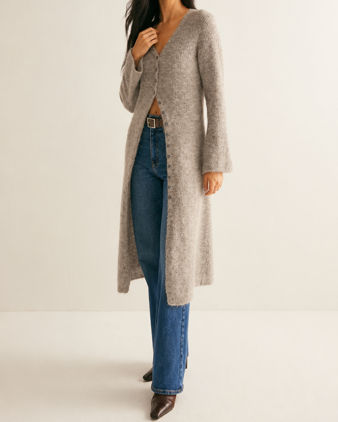 Long Ribbed Knit V-Neck Cardigan with Bell Sleeves