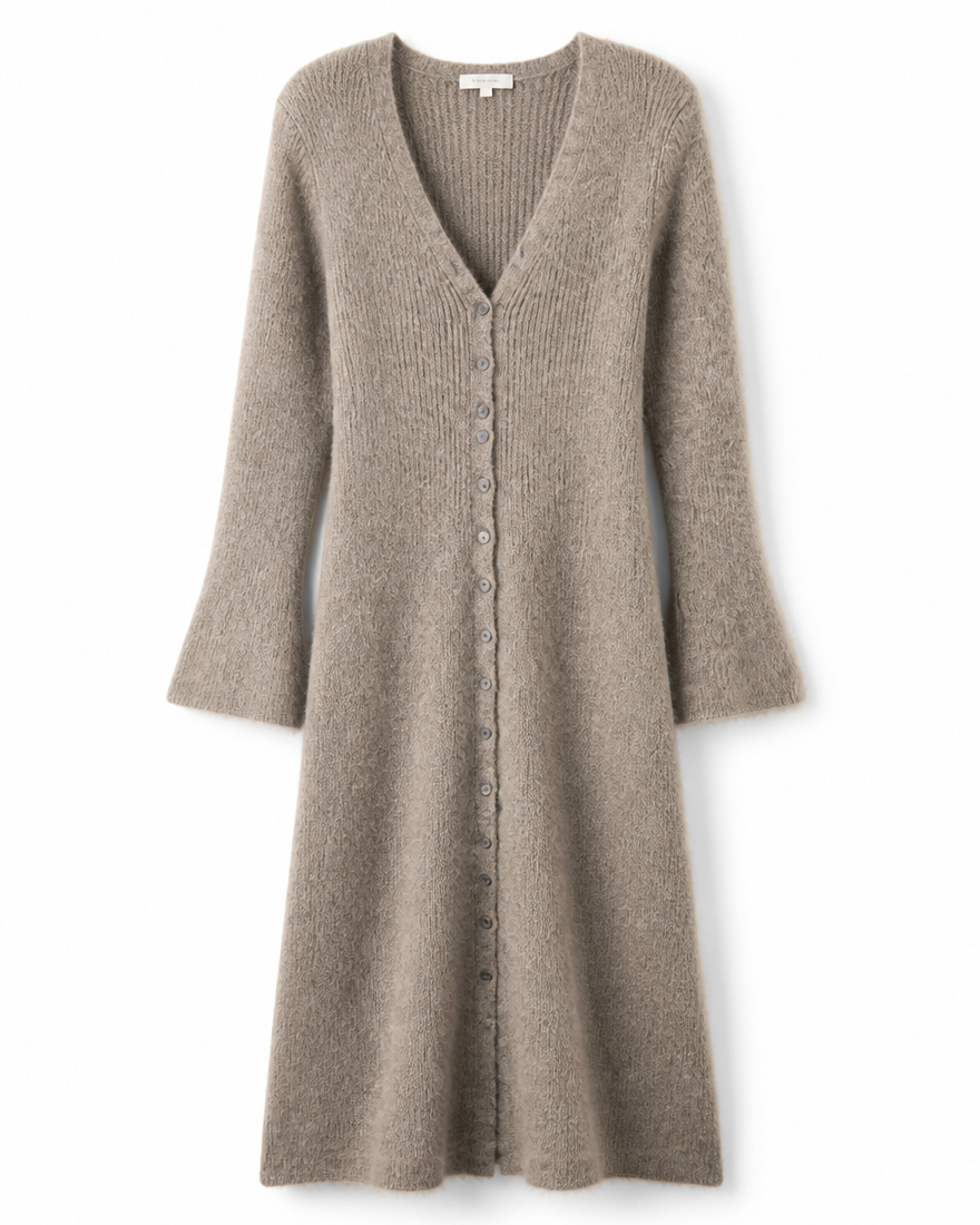 Long Ribbed Knit V-Neck Cardigan with Bell Sleeves