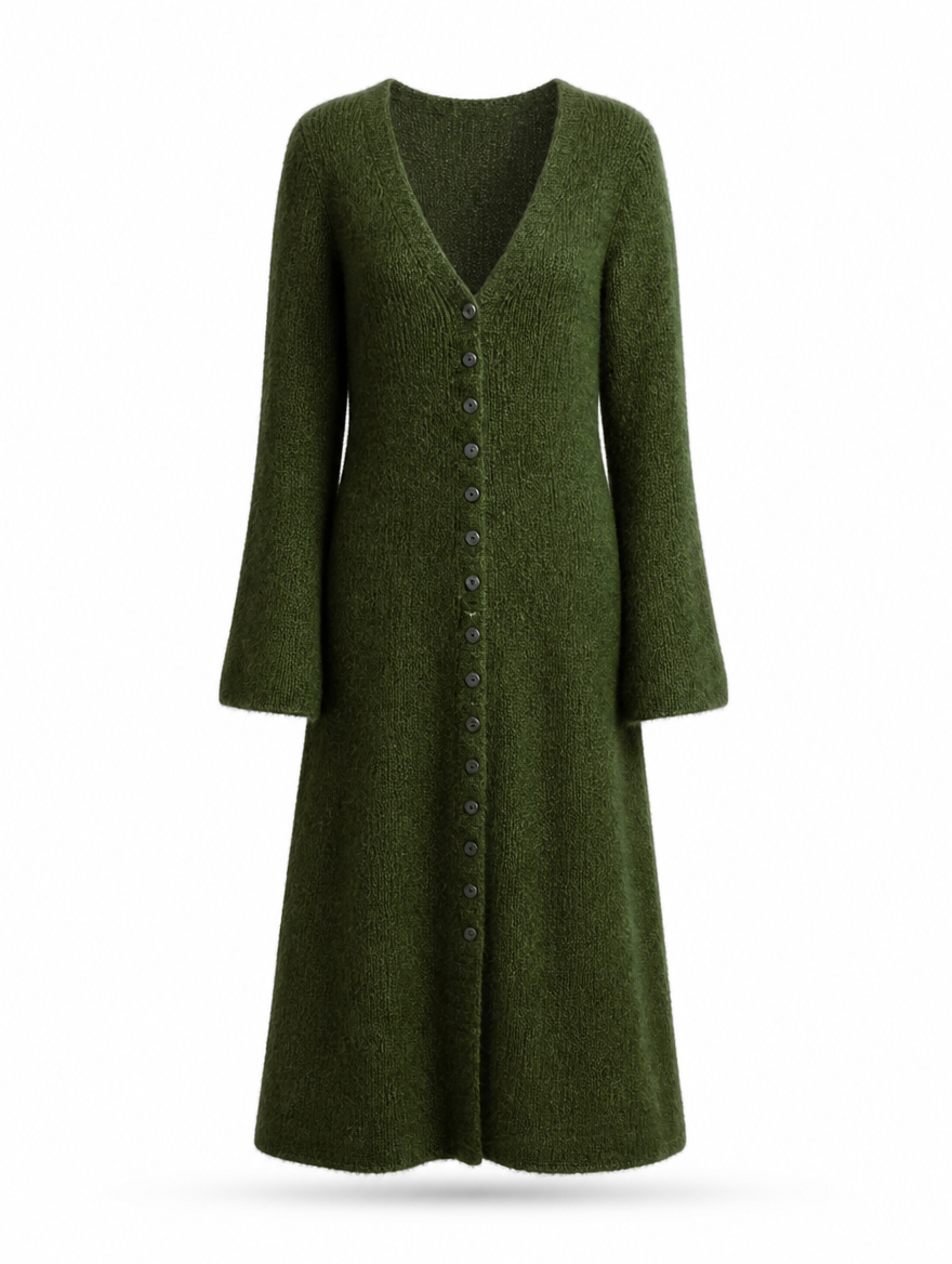 Long Ribbed Knit V-Neck Cardigan with Bell Sleeves